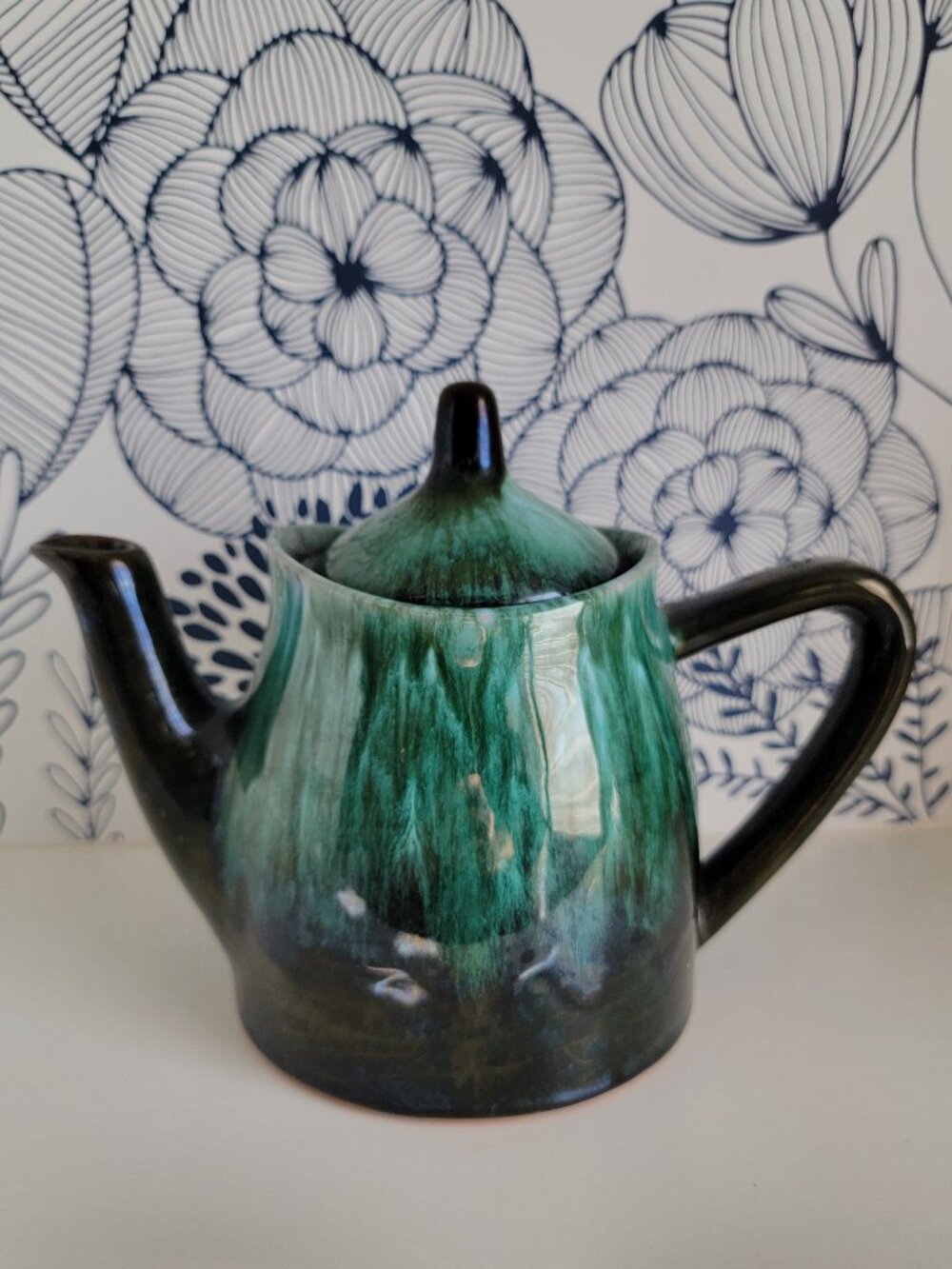 Vintage MCM Blue Mountain Pottery teapot, blue drip glaze, made in Canada EUC